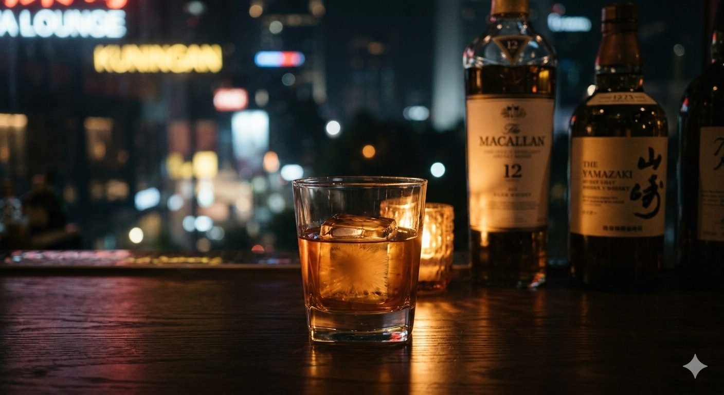 Glass of whisky with a large ice cube