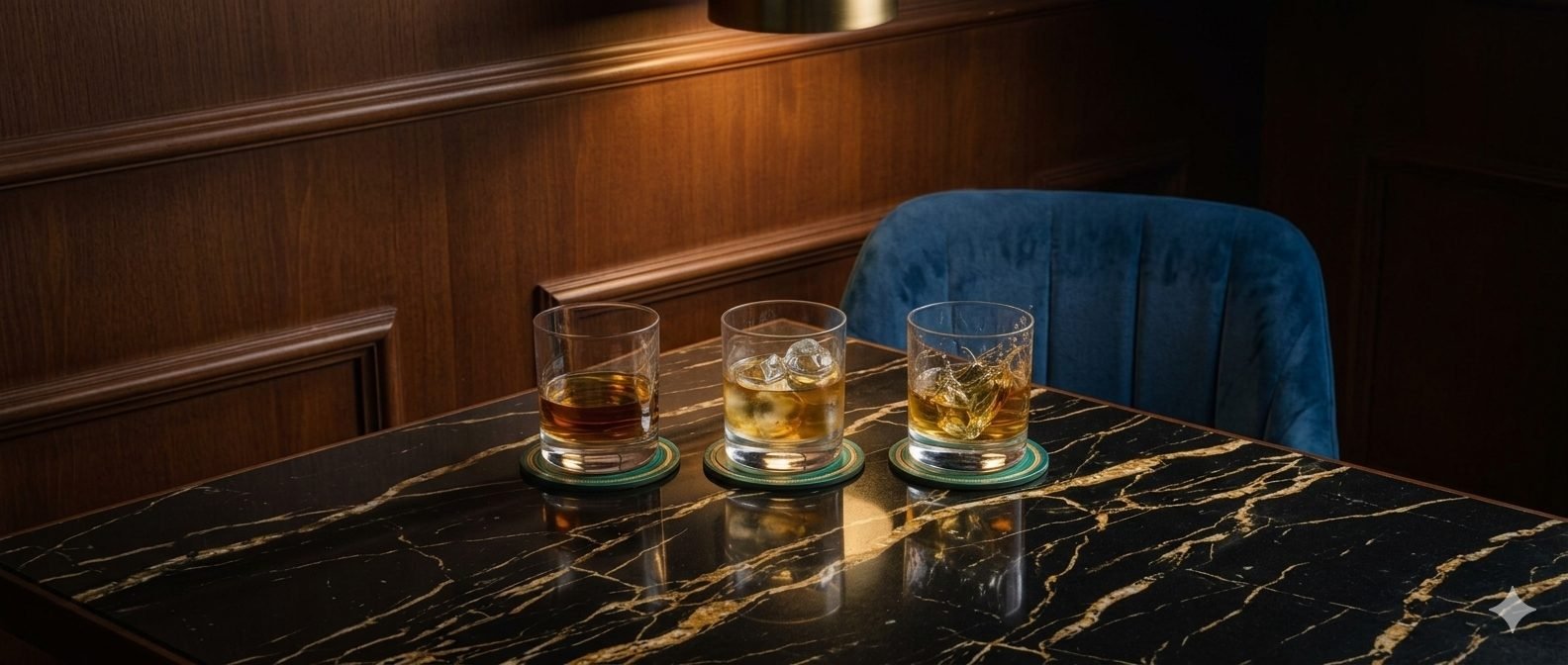 Whisky glass on a bar table with Kuningan skyline behind